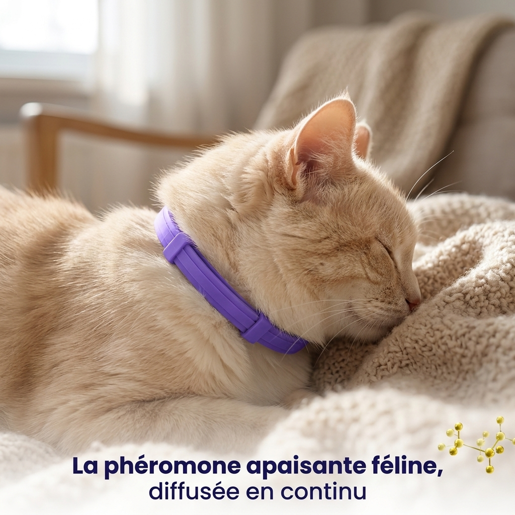 Chat détendu portant le collier Kalinéa diffusant la phéromone apaisante féline en continu